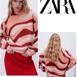 EUC : Zara Women's Pink ,Burgundy and white Jacquard Weave Mock Neck Sweater